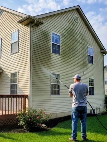 Man power washing mold off a house exterior.