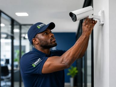 Technician installs security camera indoors.
