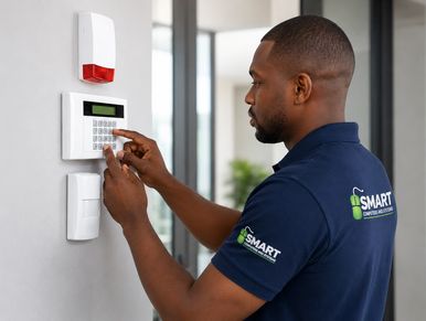 Technician programming a security alarm keypad.