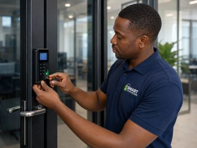 Technician installing electronic door lock in office.