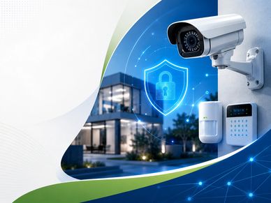 Security camera and alarm system protecting a modern house.