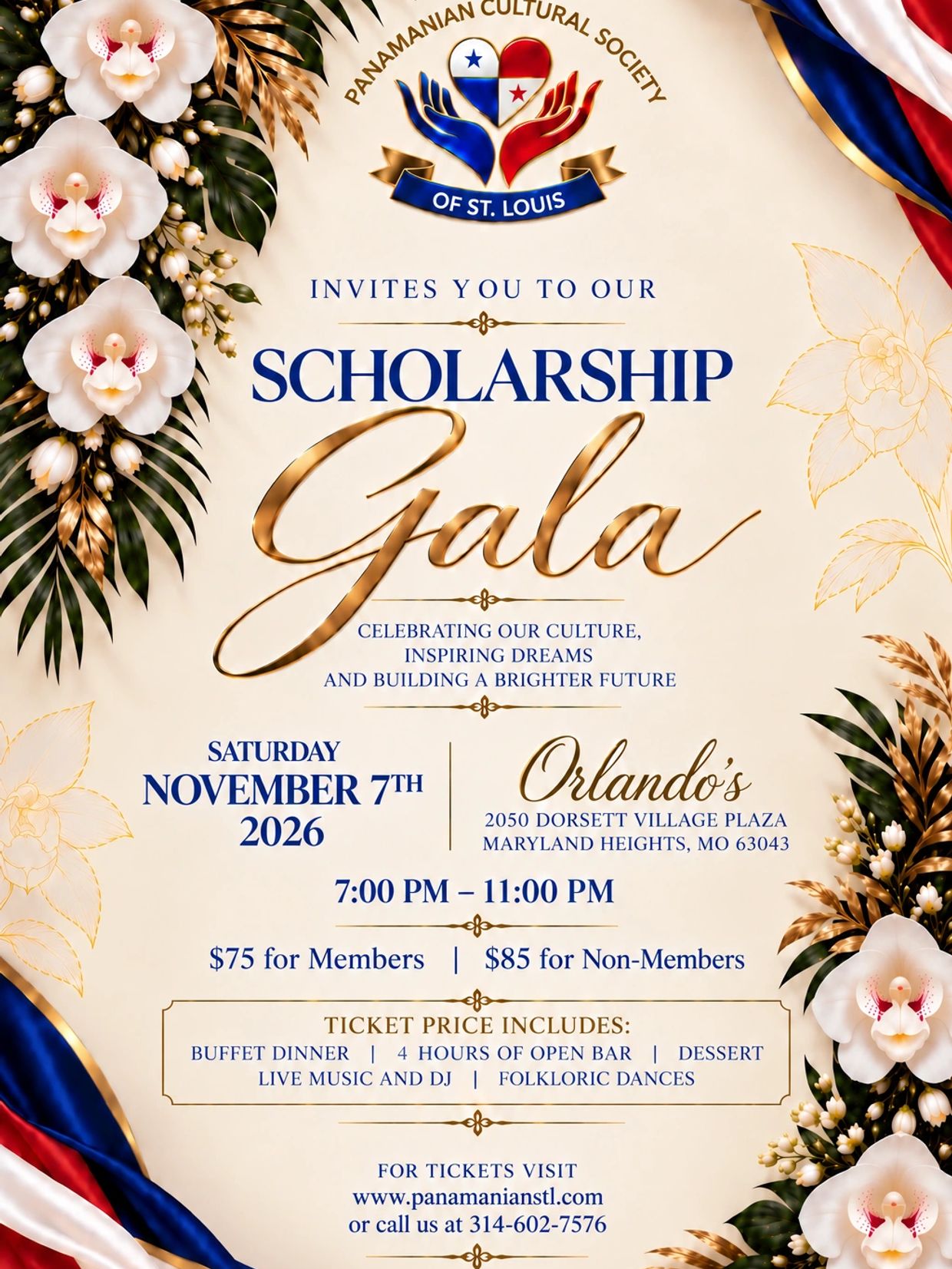 Panamanian Cultural Society Scholarship Gala invite on Nov 7, 2026, in St. Louis.