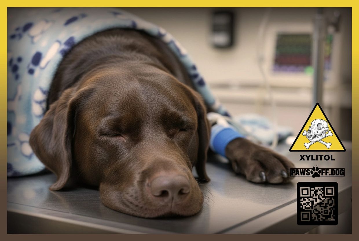 Front of PSA postcard with sick dog, xylitol warning symbol, and QR code for Pawsoff.dog
