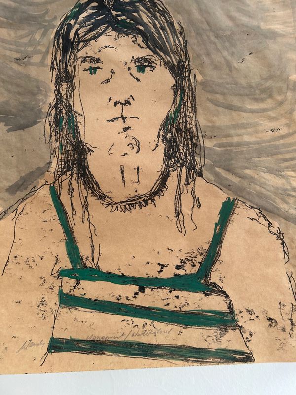 Abstract sketch of a person with green-striped clothing and a neutral expression.
