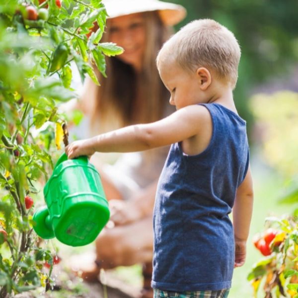 A young boy watering plants in a garden with a woman in the background.