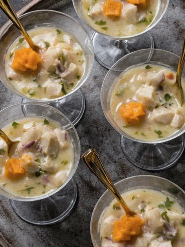Glasses with creamy seafood ceviche garnished with orange cubes.