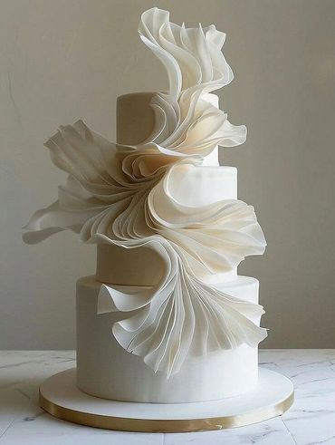 Elegant three-tier cake with delicate, flowing white ruffle decoration.
