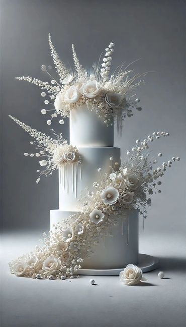 Elegant three-tier white cake adorned with intricate white floral decorations.