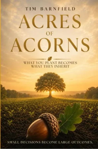 Acres of Acorns book cover, oak tree at sunrise with an acorn in the foreground