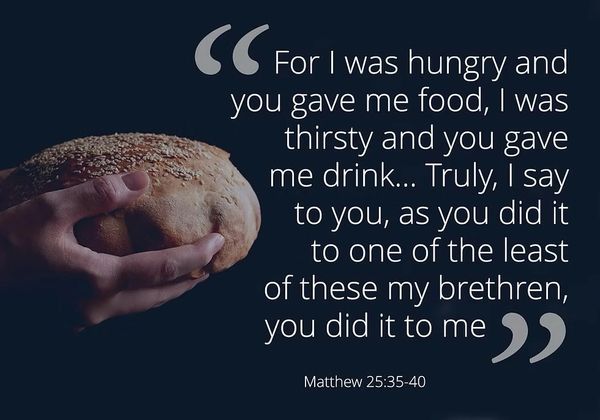 Hands offering bread with a Bible verse about kindness and charity from Matthew 25:35-40.