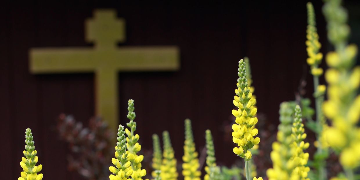 Cross on Holy Wisdom church with yellow flowers in front in meditation gardens