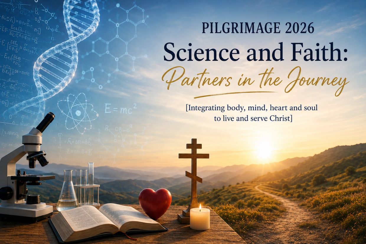 A wooden table with a microscope, beaker, Bible, heart, candle and Orthodox cross, with mountain top