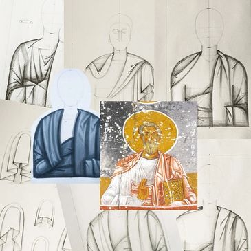 Drawings of robes and tunics behind a icon of a saint.