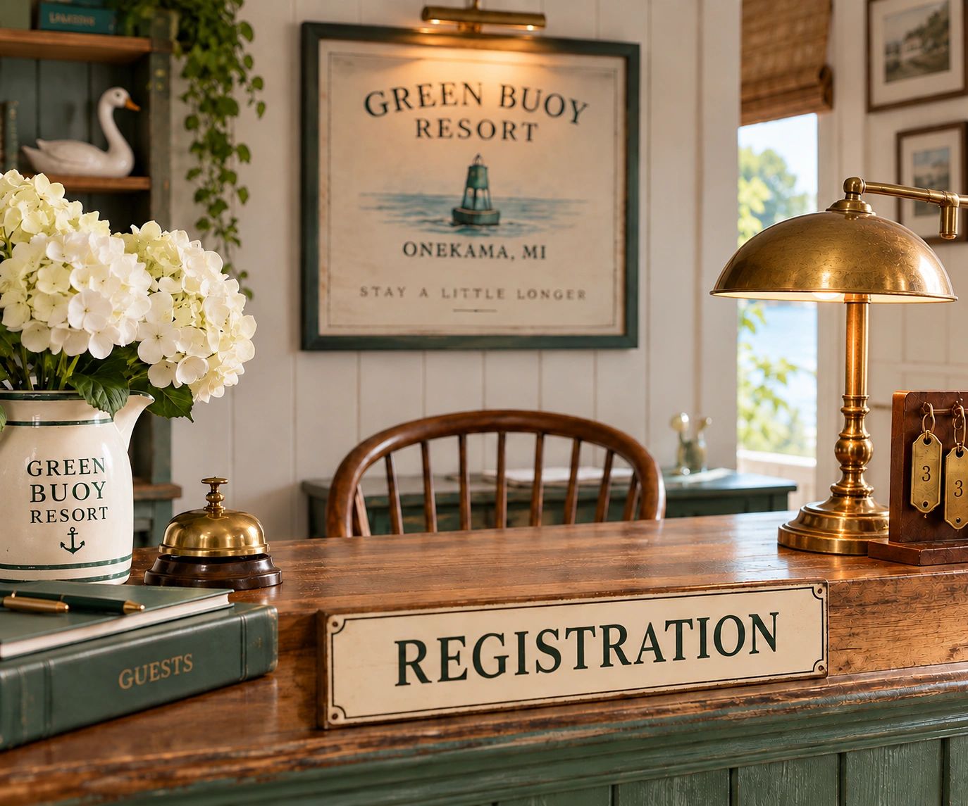 Cozy registration desk at Green Buoy Resort.
