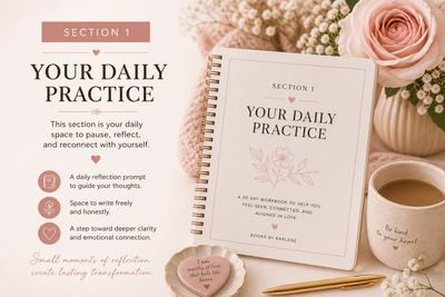 A cozy setup featuring a reflection workbook, coffee, and flowers for daily self-practice.