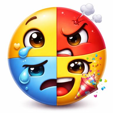 A circle emoji showing four different emotions: happy, angry, sad, and festive.
