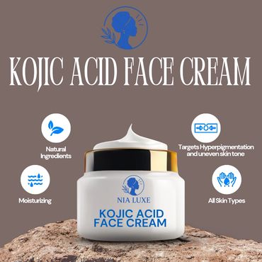 Nia Luxe Kojic Acid Face Cream with natural ingredients for moisturizing and evening skin tone.