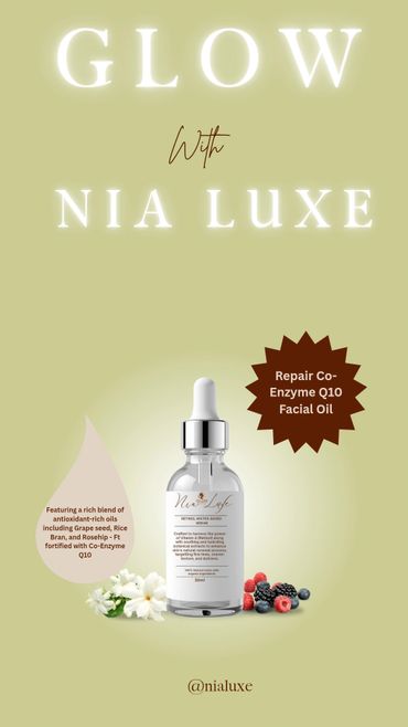 Nia Luxe Retinol Water-Based Serum with antioxidant-rich oils and Co-Enzyme Q10 for glowing skin.