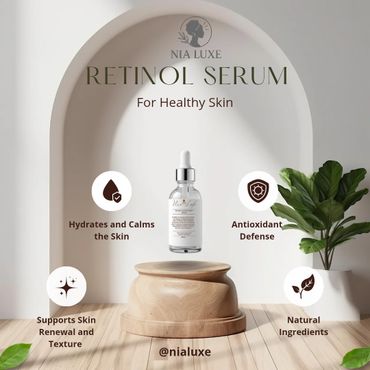 Nia Luxe Retinol Serum promotes healthy, hydrated skin with natural ingredients and antioxidant defense.
