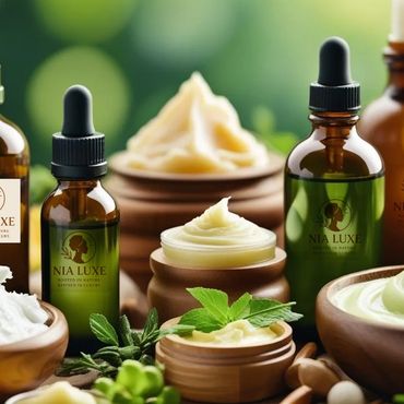 Luxury natural skincare products with creams and oils in wooden bowls and amber bottles.