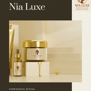 Nia Luxe luxury skincare products with gold accents and elegant packaging.