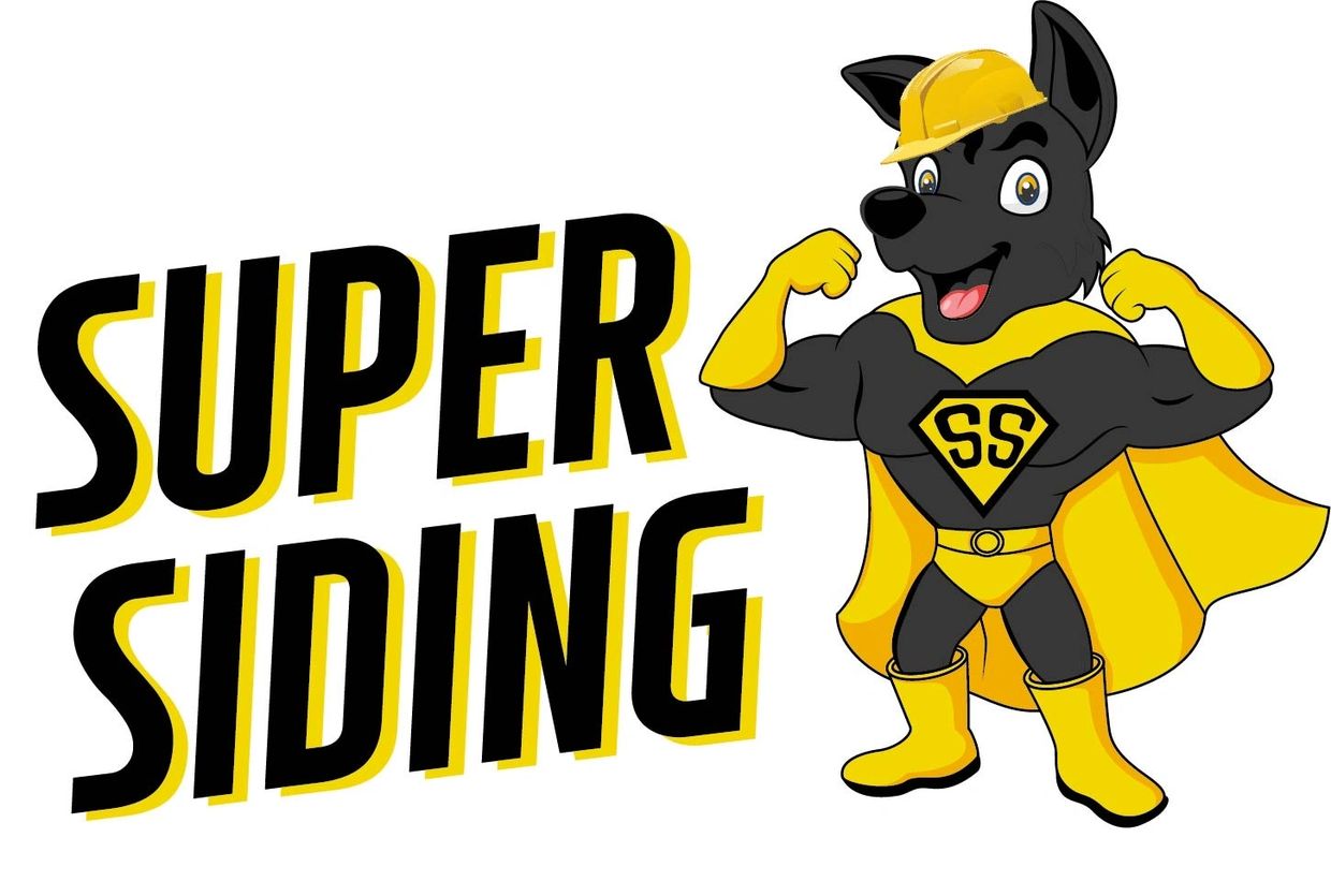 Superhero dog mascot flexing muscles for Super Siding.