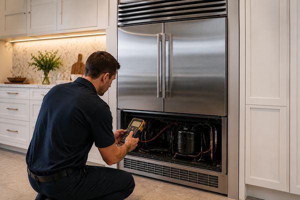 Professional technician performing refrigerator repair and sealed system diagnostics on a built-in l