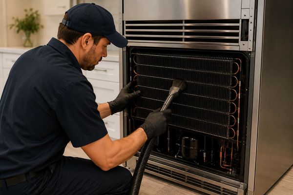 Professional technician performing refrigerator maintenance and condenser coil cleaning on a built-i