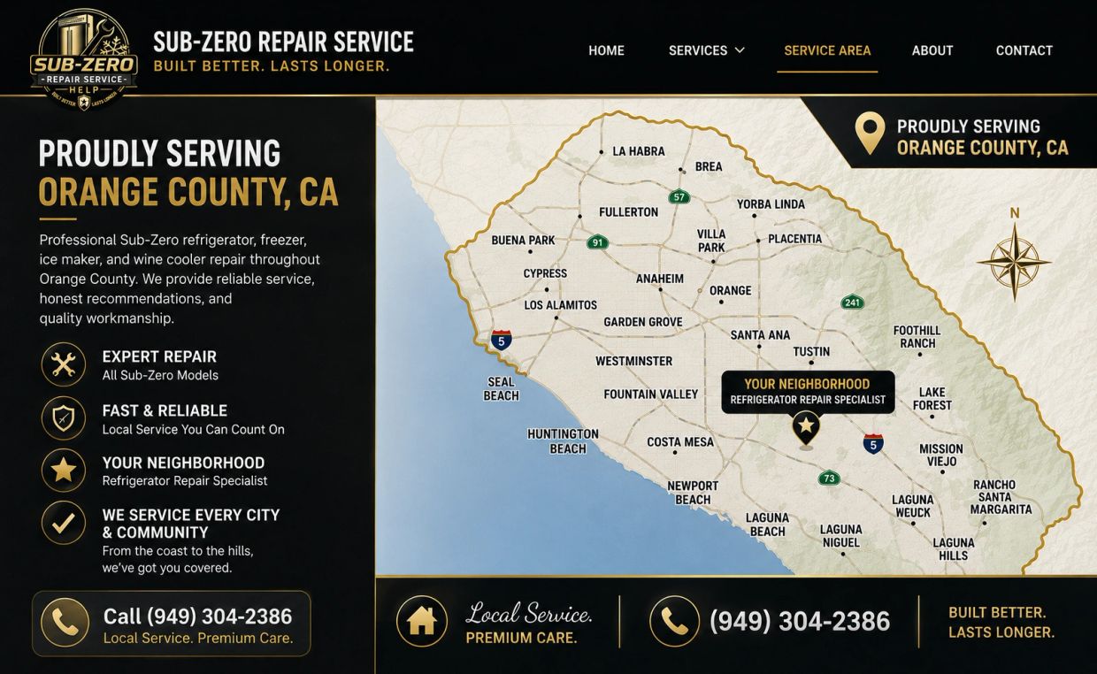 Orange County refrigerator repair service area map showing cities served for refrigerator, freezer,