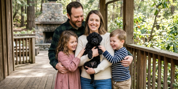 Happy family with two kids and a black puppy on a wooden porch.