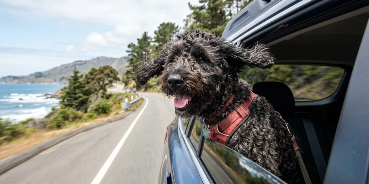 Happy dog with ears flapping enjoying a car ride by the coast.
