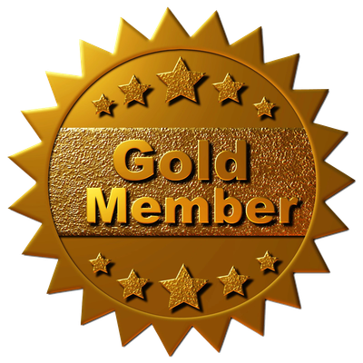A shiny gold badge with the words 'Gold Member' and star decorations.