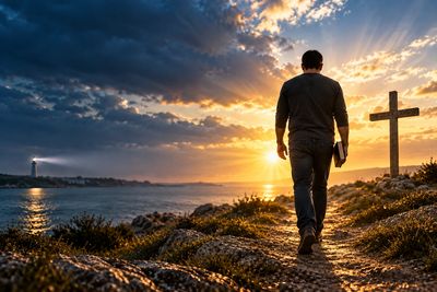 Person walking towards a cross at sunset by the water.