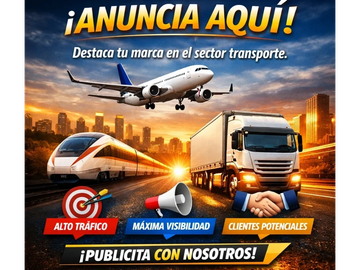 Anuncio para publicidad en el sector transporte con tren, avión y camión.