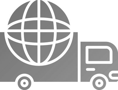 Gray delivery truck icon with a globe on its cargo area.