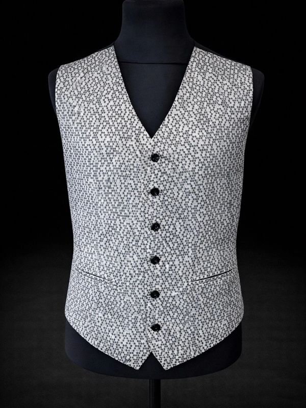 Men’s blue grey patterned bespoke waistcoat tailored fit London formalwear
