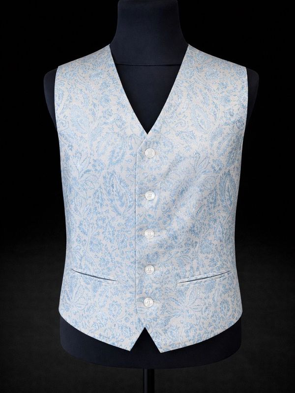 Men’s light blue jacquard bespoke waistcoat silver detail tailored fit London wedding formalwear