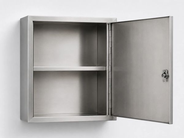 Empty open metal cabinet with a door and shelf.