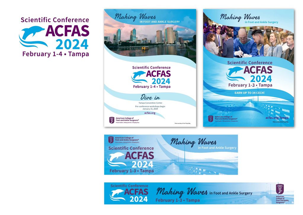 Samples of the ACFAS 2024 Conference Digital and Print marketing materials, including logo