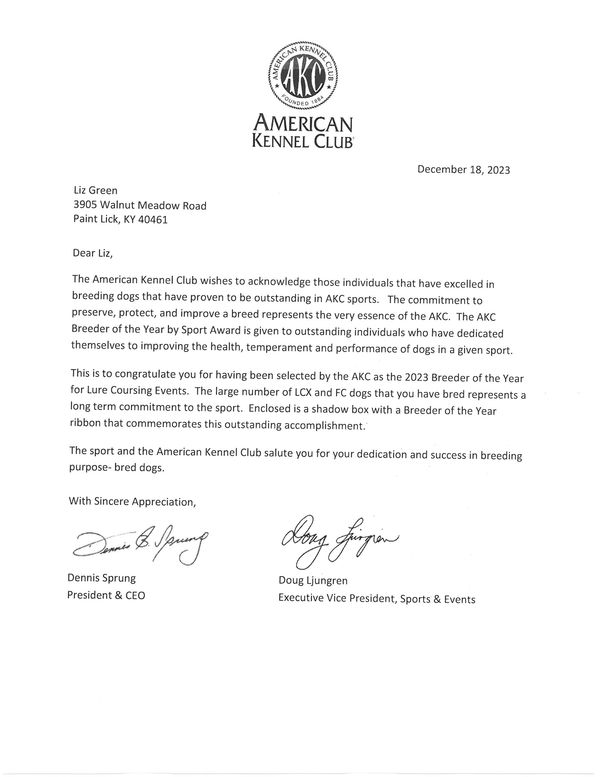 Letter from the American Kennel Club congratulating Liz Green as 2023 Breeder of the Year for Lure Coursing.