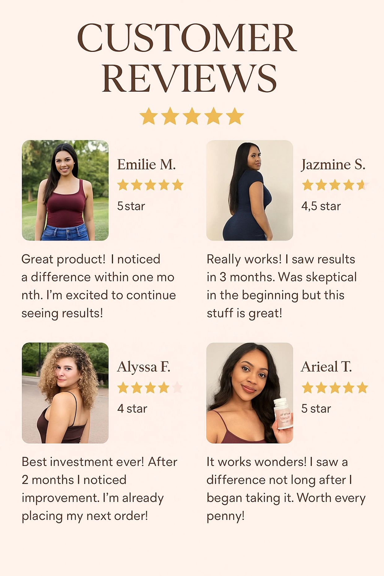 Customer reviews with photos and star ratings praising product effectiveness.