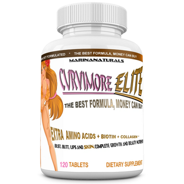Bottle of Curvimore Elite dietary supplement with amino acids, biotin, and collagen.