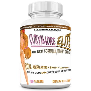 Bottle of Curvimore Elite dietary supplement with amino acids, biotin, and collagen.