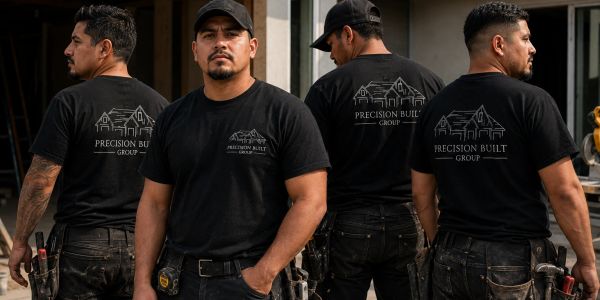 Four construction workers wear matching shirts with Precision Built Group logo.