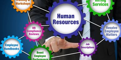 A businessperson interacting with a digital HR concept diagram with interconnected gears.