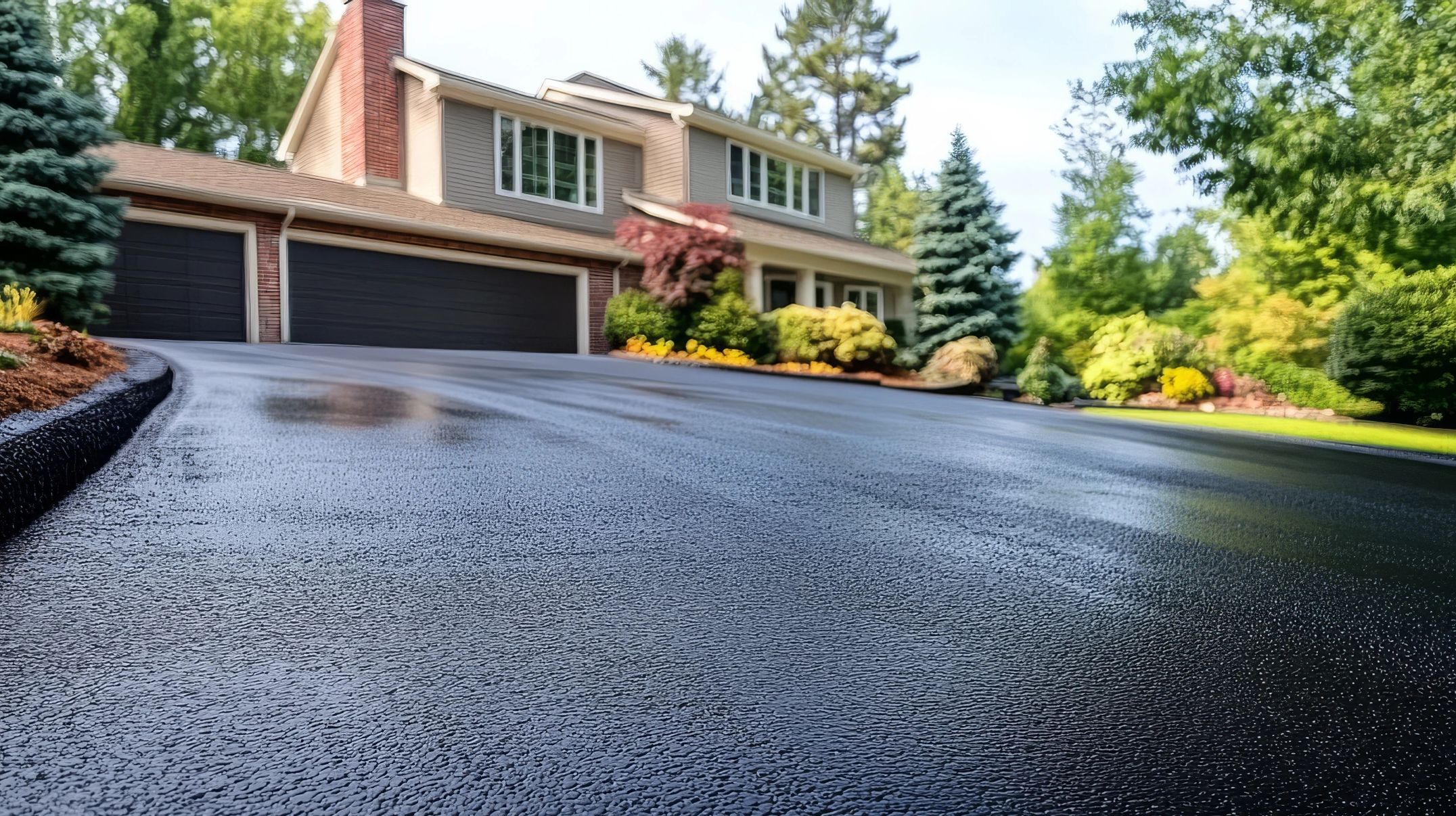 Freshly sealed driveway leading to a suburban house with a three-car garage.