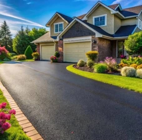 A beautiful suburban house with a freshly paved driveway and colorful garden.