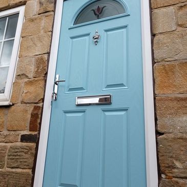 Duck Egg Blue Solid Core door with Fleur glass & chrome hardware fitted by Worksop Composite Doors.