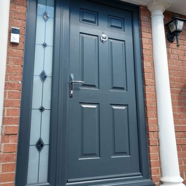 Anthracite Grey Solid Core door with matching frame & side panel fitted by Worksop Composite Doors.