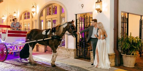 Couple with horse at 9 Aviles Wedding Venue https://lauraperezphotography.com